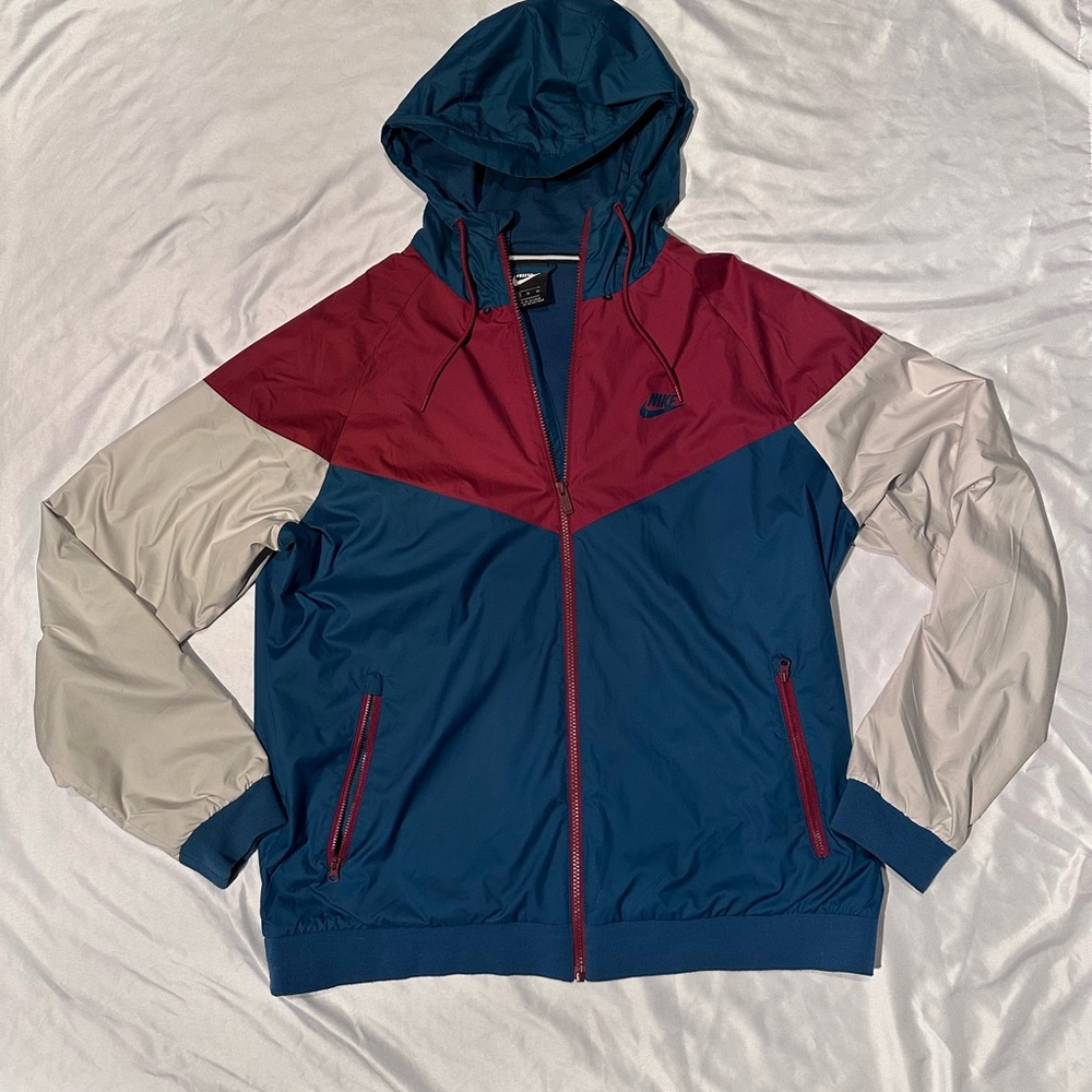 Vintage Nike Men's Blue Red & Cream Large Block Zip Up Windbreaker - XL